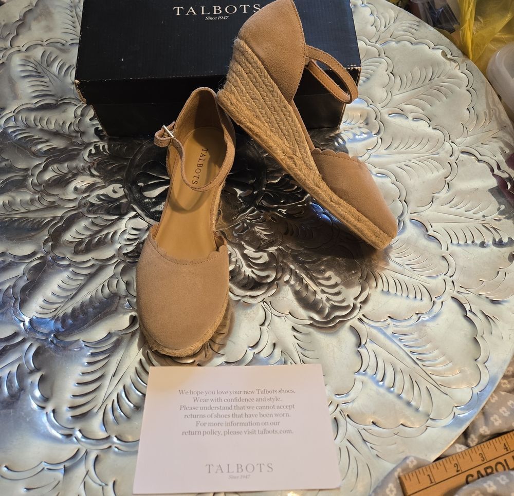 Talbots Beige/Tan Espadrille Wedge Sandals with Ankle Strap, ?Leather Tops!